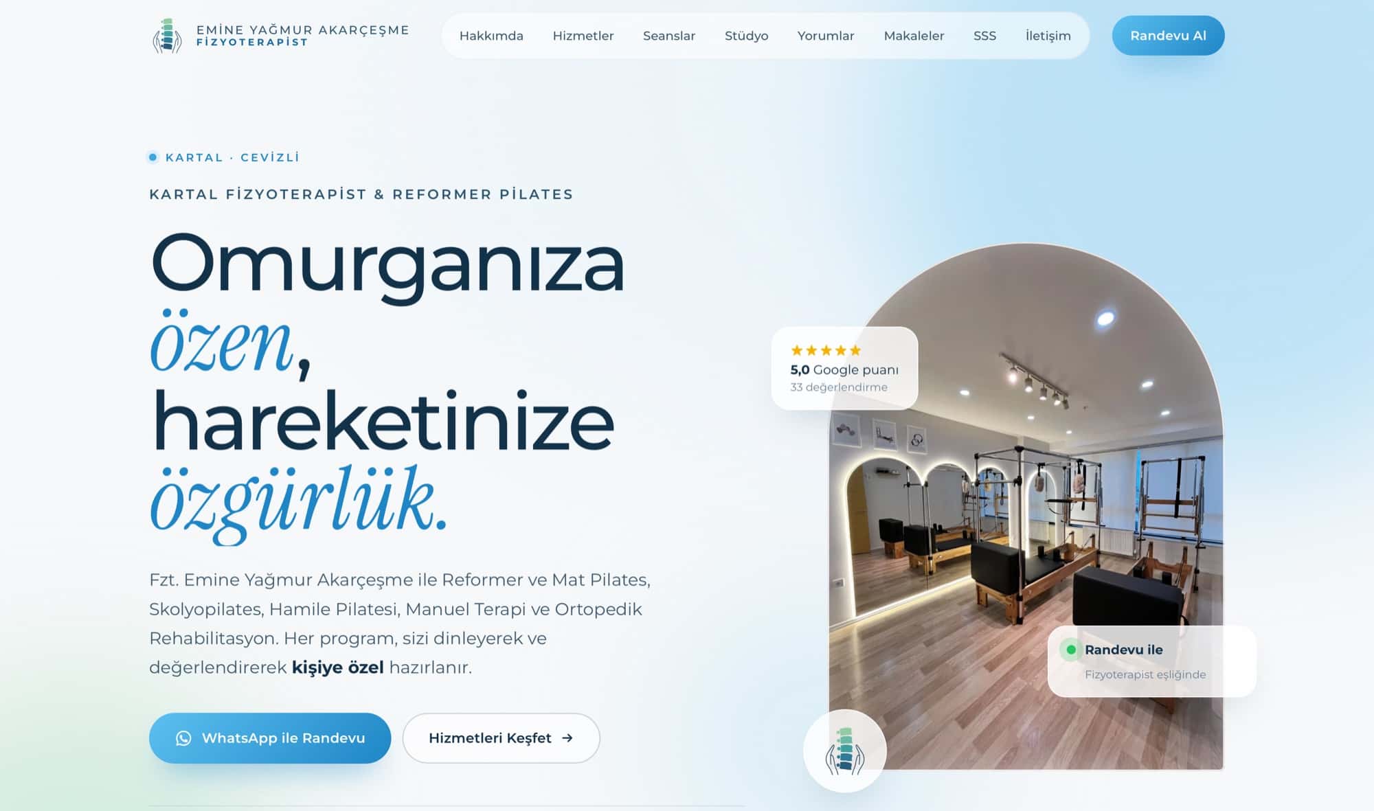 Fzt. Emine Yağmur Akarçeşme web sitesinin ana sayfası (masaüstü)